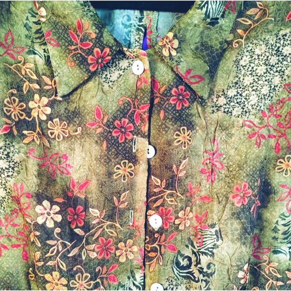 K Studio Blouse Women's 18 Short Sleeve Button Up Open Back Sheer Brown Florals - Picture 2 of 11